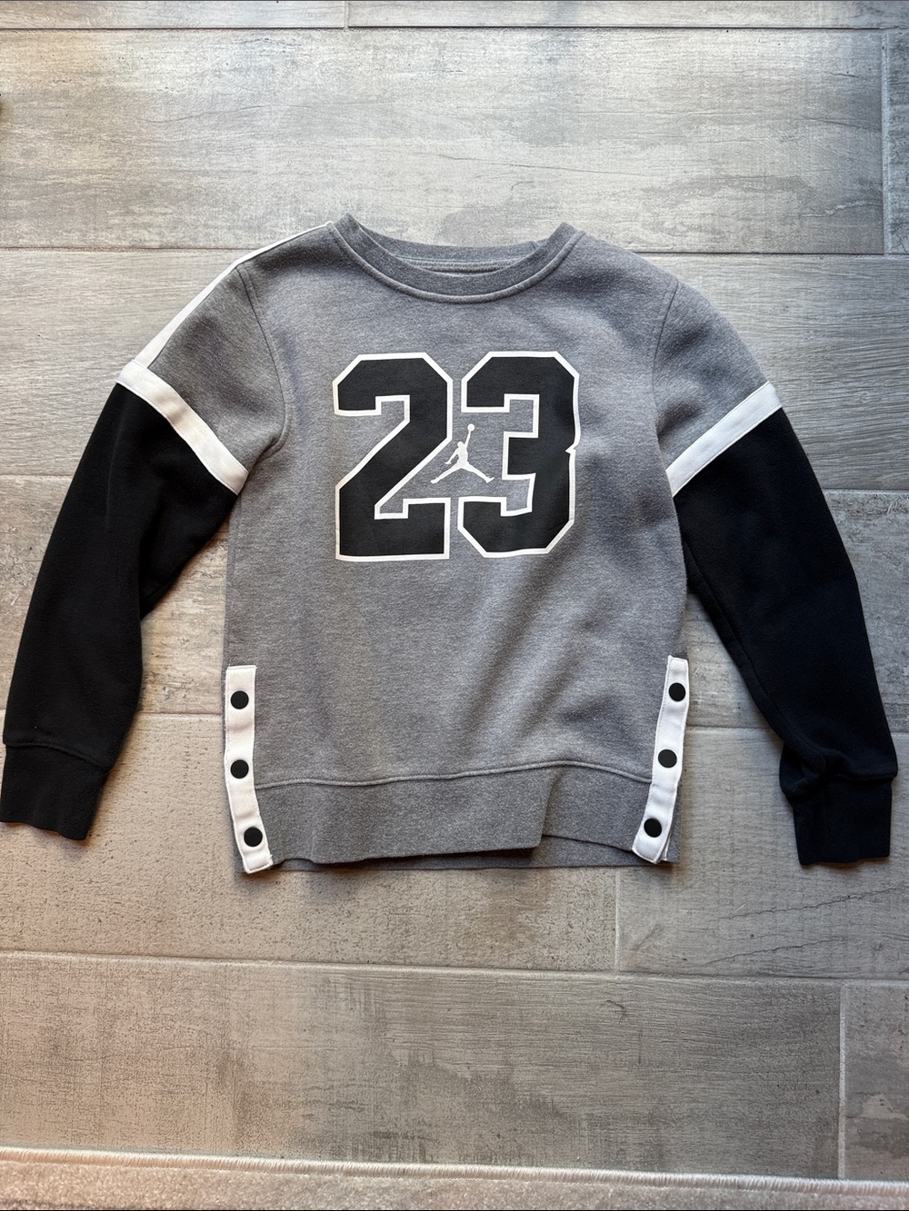 Jordan Gray & Black '23 Crew Sweatshirt with Snap Details